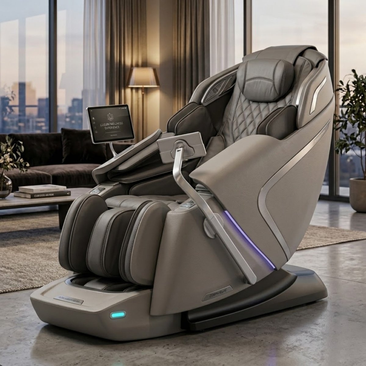 Woman relaxing in the Elysian massage chair demonstrating the full body blue airbag compression wrapping her shoulders, arms, and legs