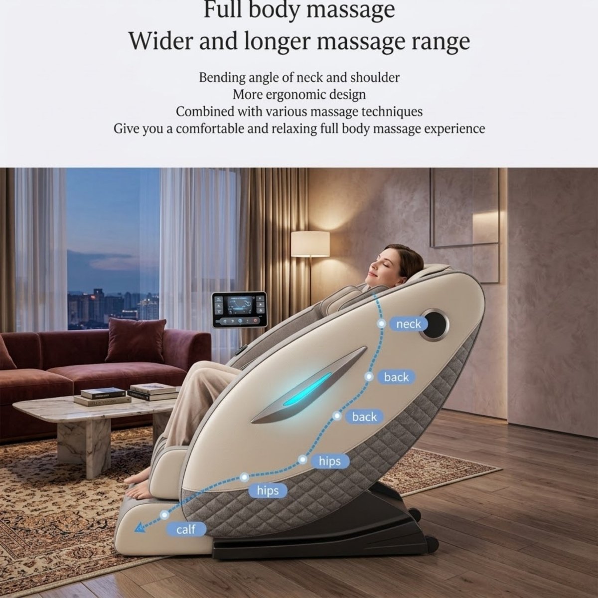 Diagram highlighting the full body ergonomic tracking of the Kouvr massage chair, specifically targeting tension in the neck, back, hips, and calves.