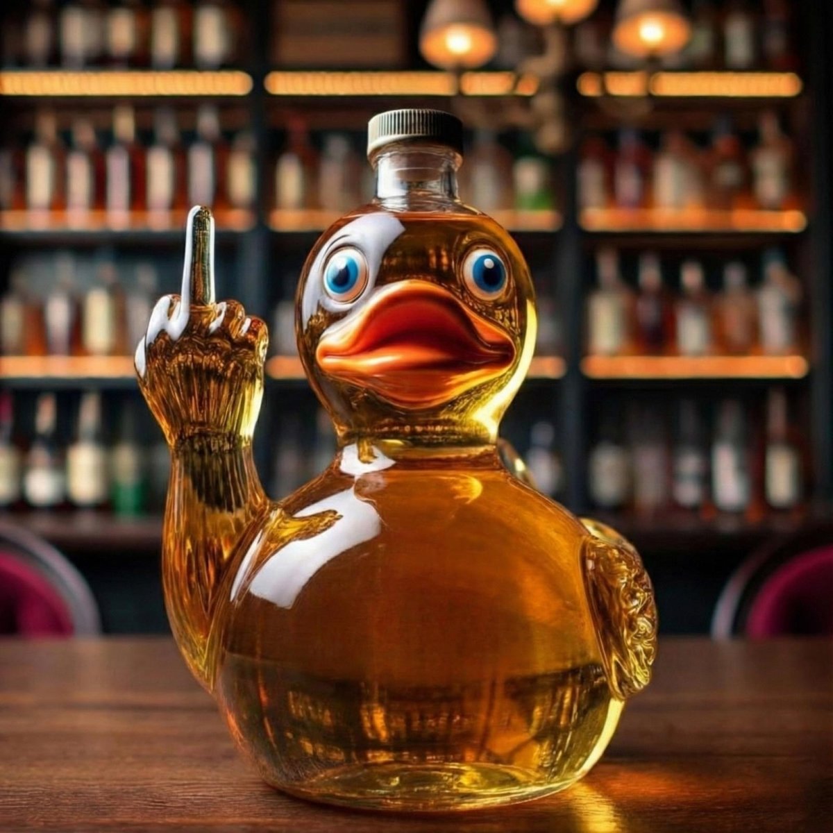 A straight-on front view of a funny whiskey decanter shaped like a duck with blue eyes and an audacious gesture, filled with amber liquid.