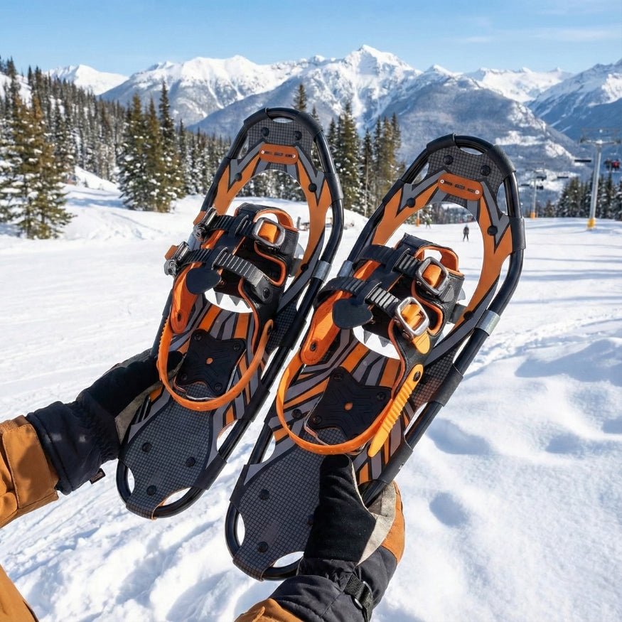 Person holding a pair of G2 Gether orange and black snowshoes against a scenic snowy mountain background.