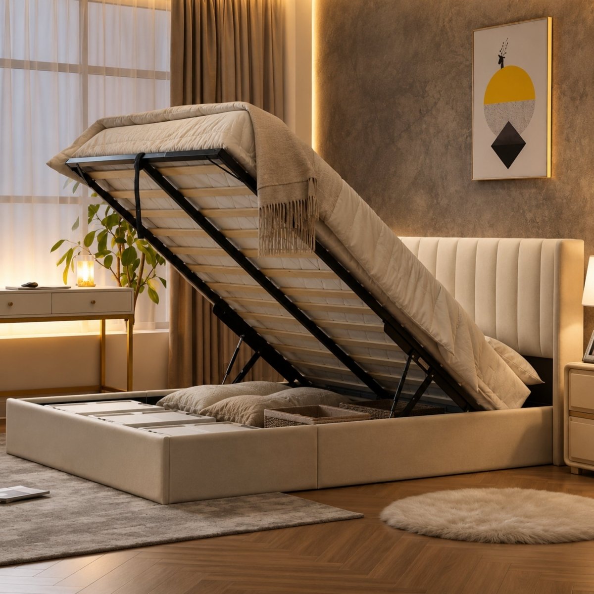 Side profile view of a modern platform bed demonstrating the easy-lift gas hydraulic mechanism lifting the mattress to reveal under-bed storage.