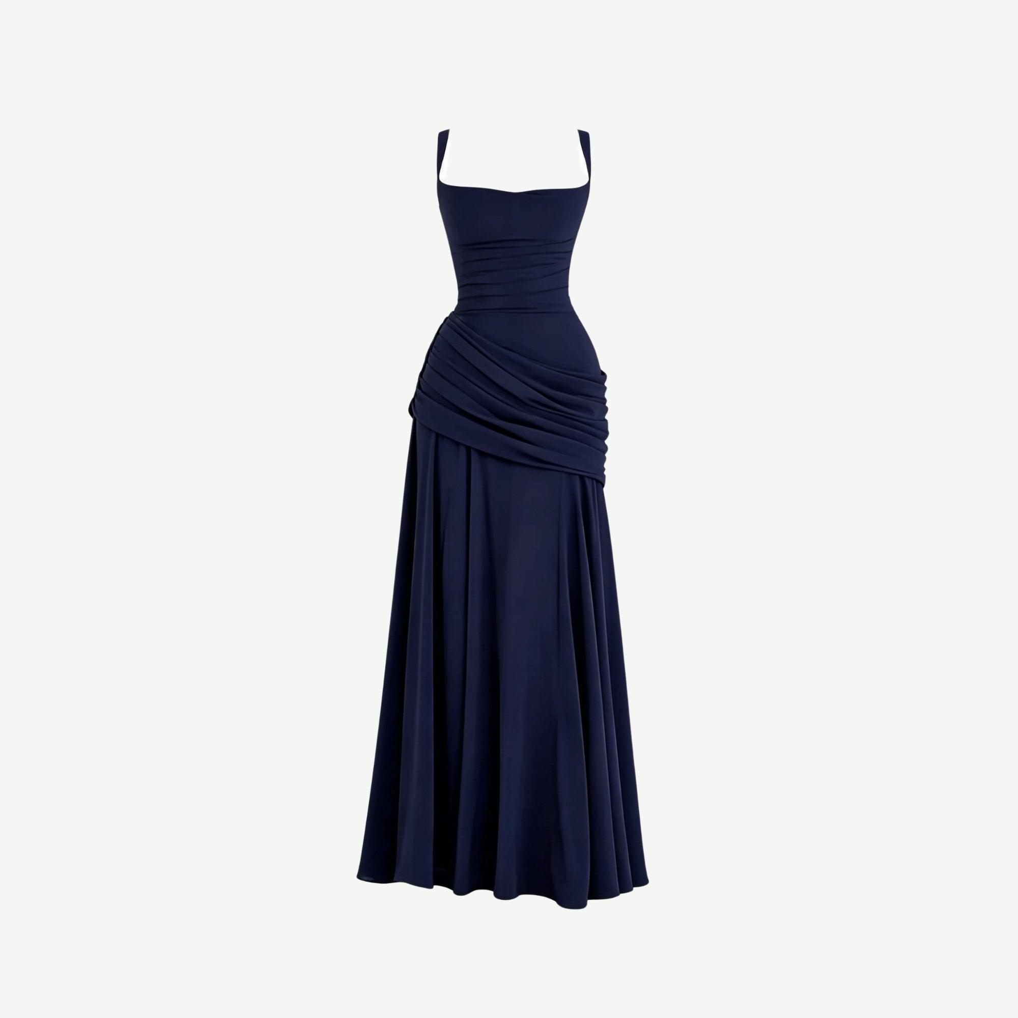 Front view ghost mannequin product photography of a dark navy blue asymmetrical ruched evening gown with square neckline.