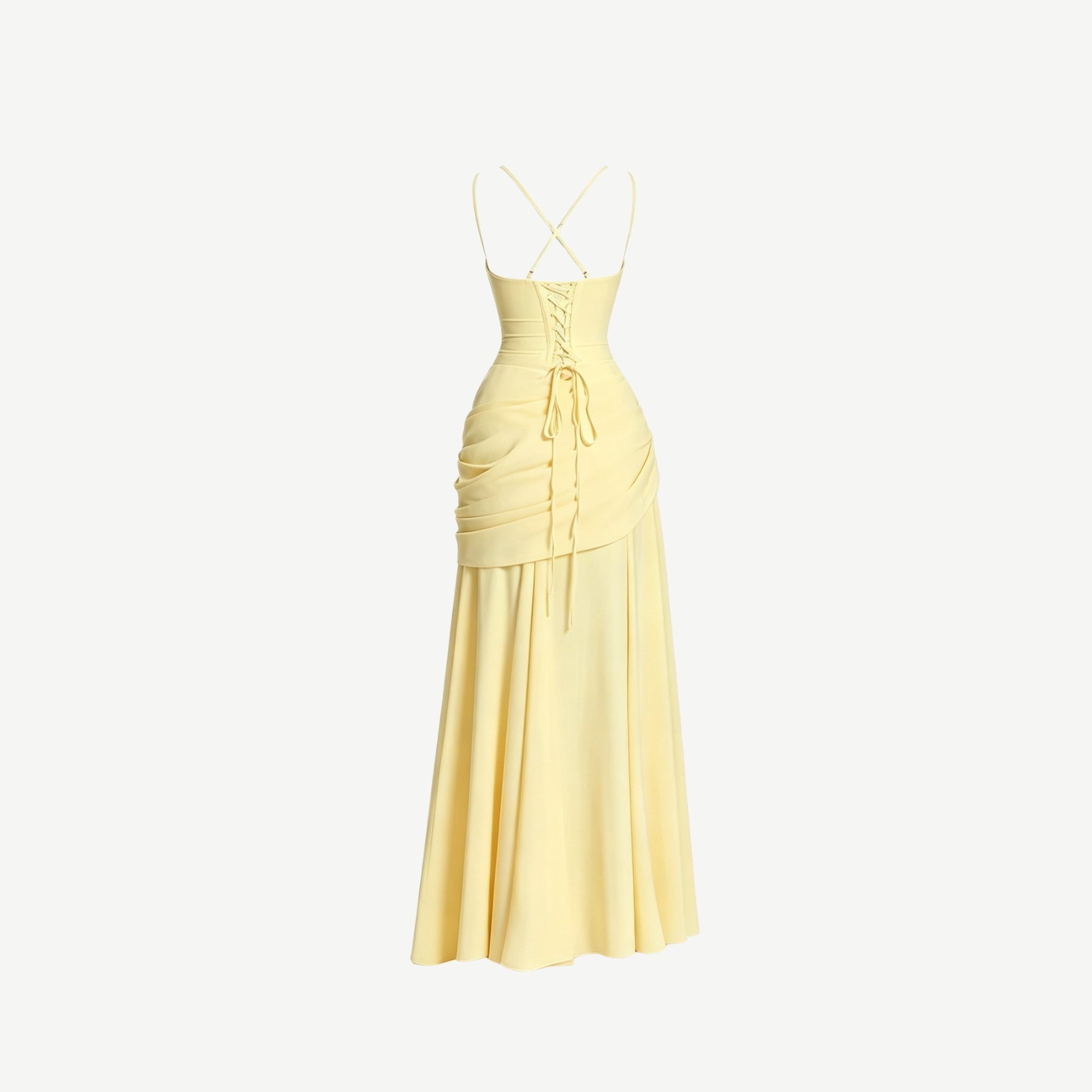 Back view ghost mannequin product photography of a pale yellow formal dress highlighting the strappy corset tie closure and draped skirt.