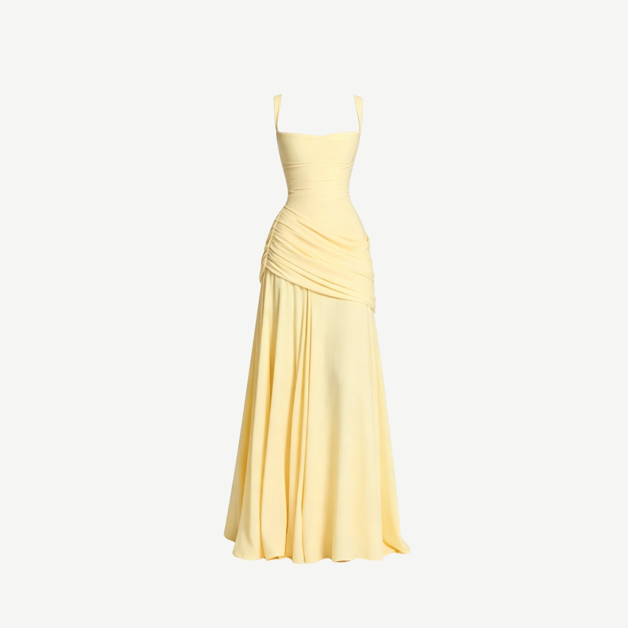 Front view ghost mannequin product photography of a pale yellow asymmetrical ruched evening gown with a square neckline and fitted bodice.