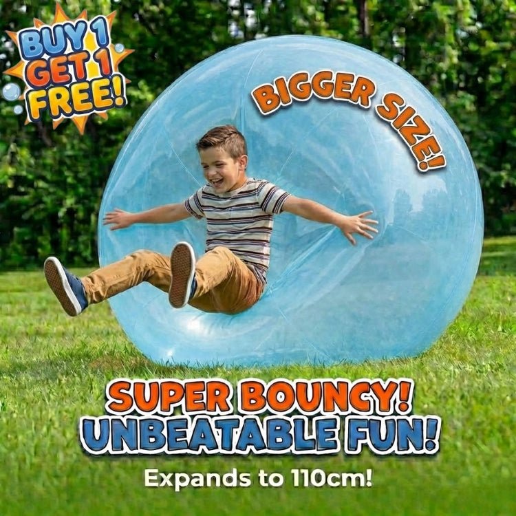 A happy boy bouncing against a massive blue bubble ball that expands to 110cm, highlighting its super bouncy and durable design.
