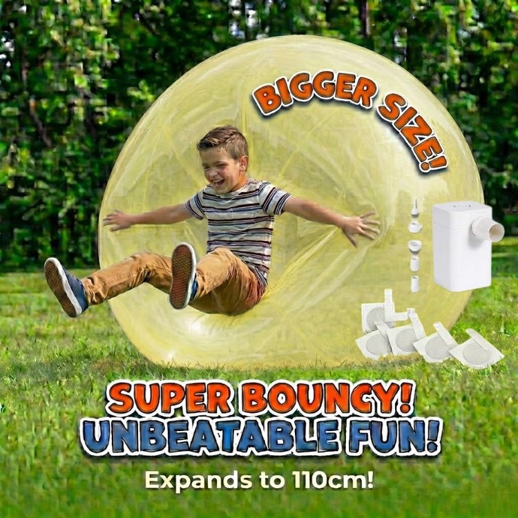 Yellow giant bubble ball toy set on the grass, including a portable electric pump and patches, marketed as the complete fun package for families.