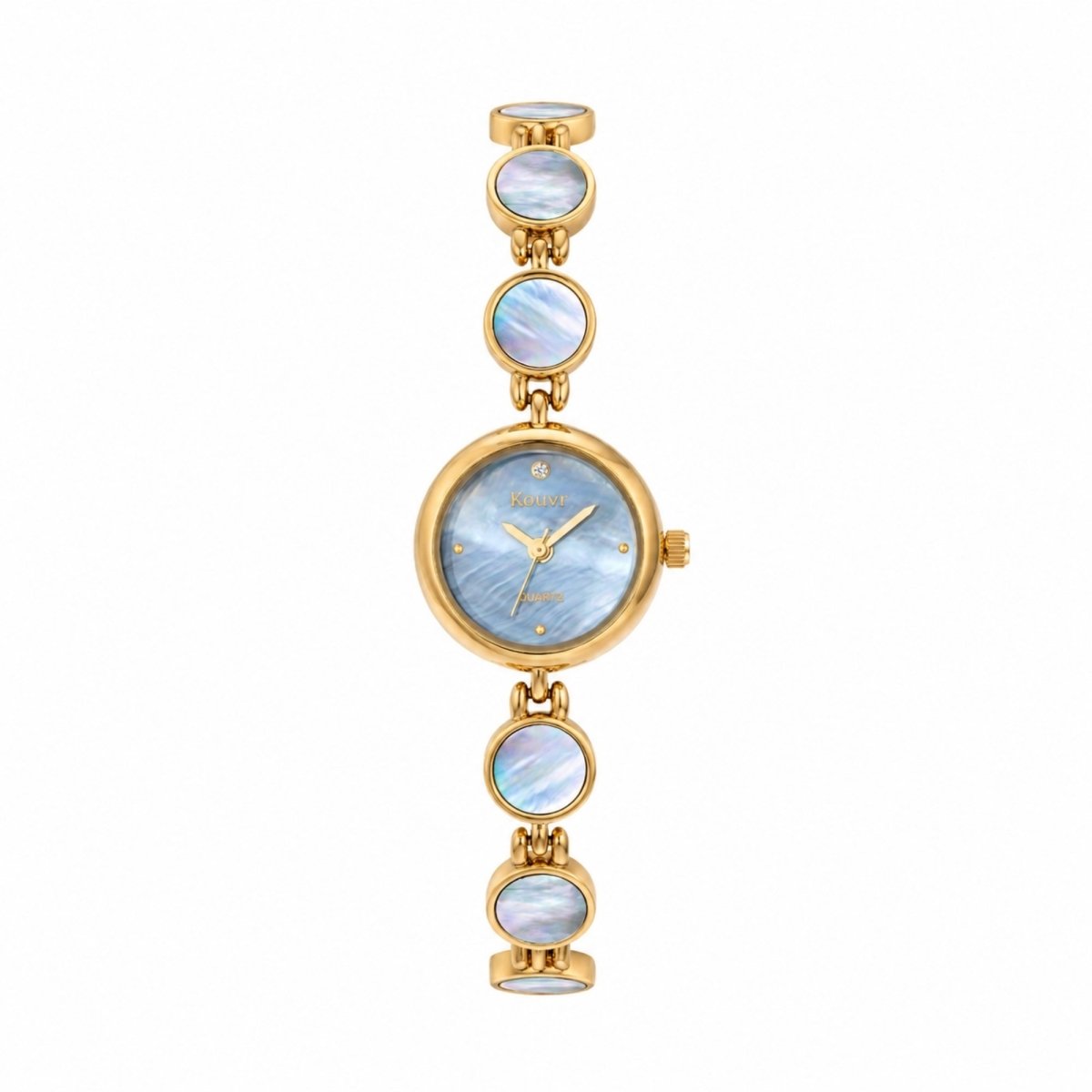 Front view of the Kouvr timeless elegant women's dress watch showing the small round dial, premium quartz movement, and iridescent blue mother of pearl links.