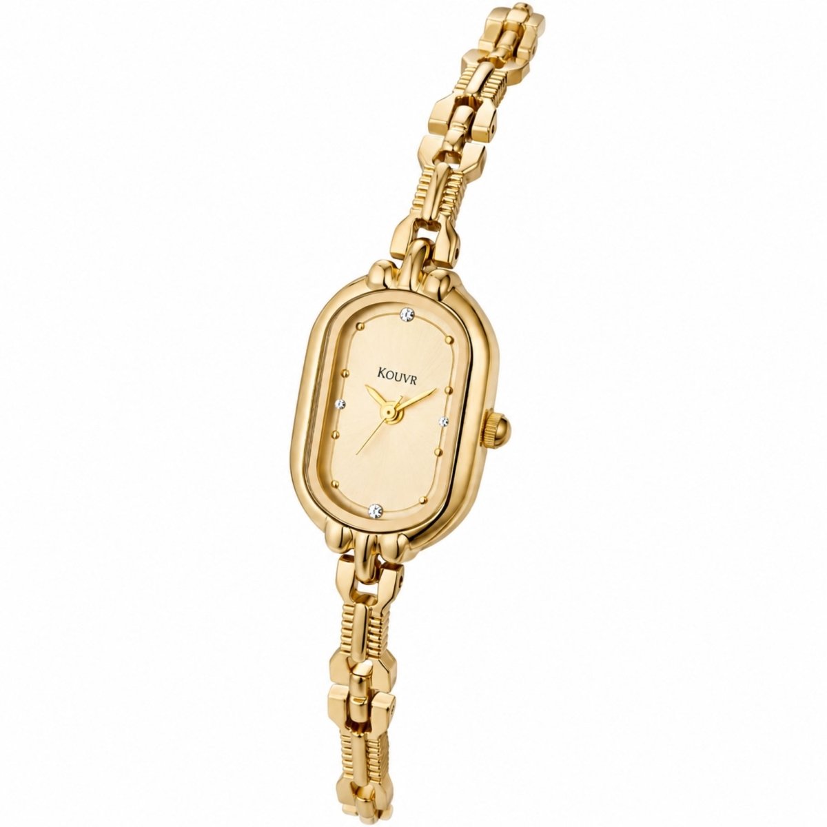 Angled side profile view of stainless steel gold plated women's jewelry watch showing chain details
