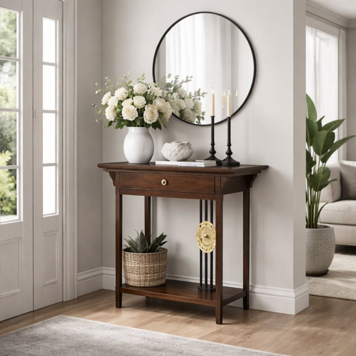 A close-up of the intricately hand-carved gold dragon medallion on the Kouvr Dynasty solid wood console table, highlighting the texture and craftsmanship.
 