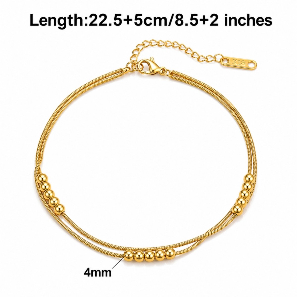 18K gold double layered anklet size guide showing 22.5cm plus 5cm extension length and 4mm bead width.
