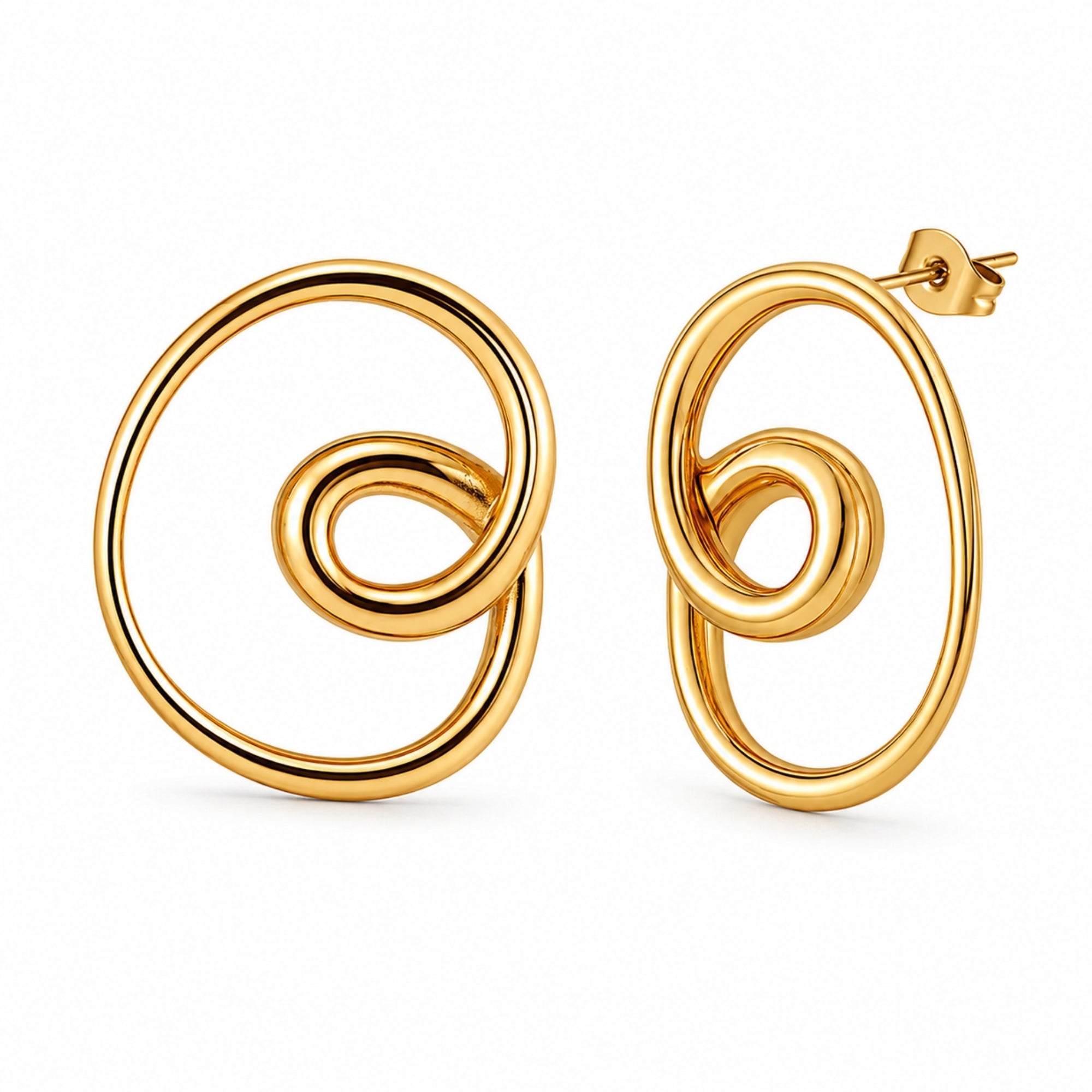 Detailed studio shot of gold intertwined geometric statement stud earrings with premium butterfly closures, isolated on a bright white background.