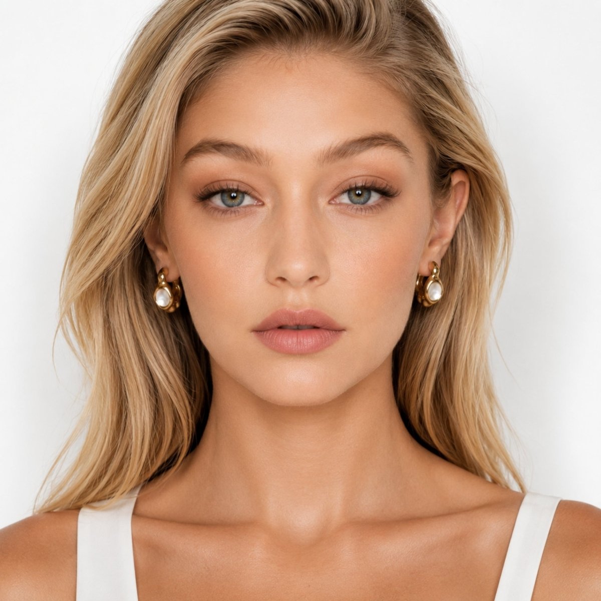 Luxury gold chunky open hoop earrings with mother of pearl center resting elegantly on draped champagne colored silk fabric.