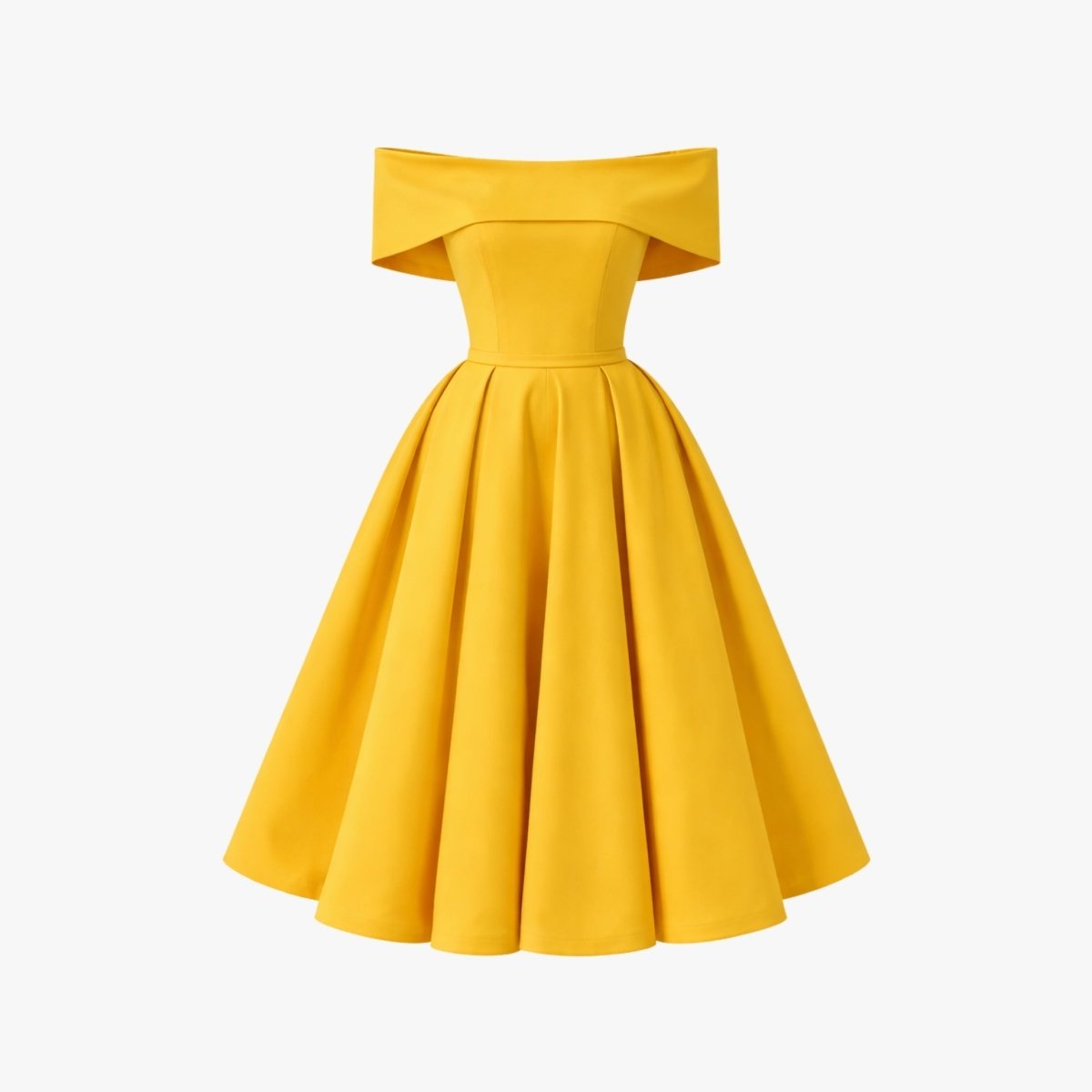 Gold off the shoulder bardot midi dress shown flat against white background