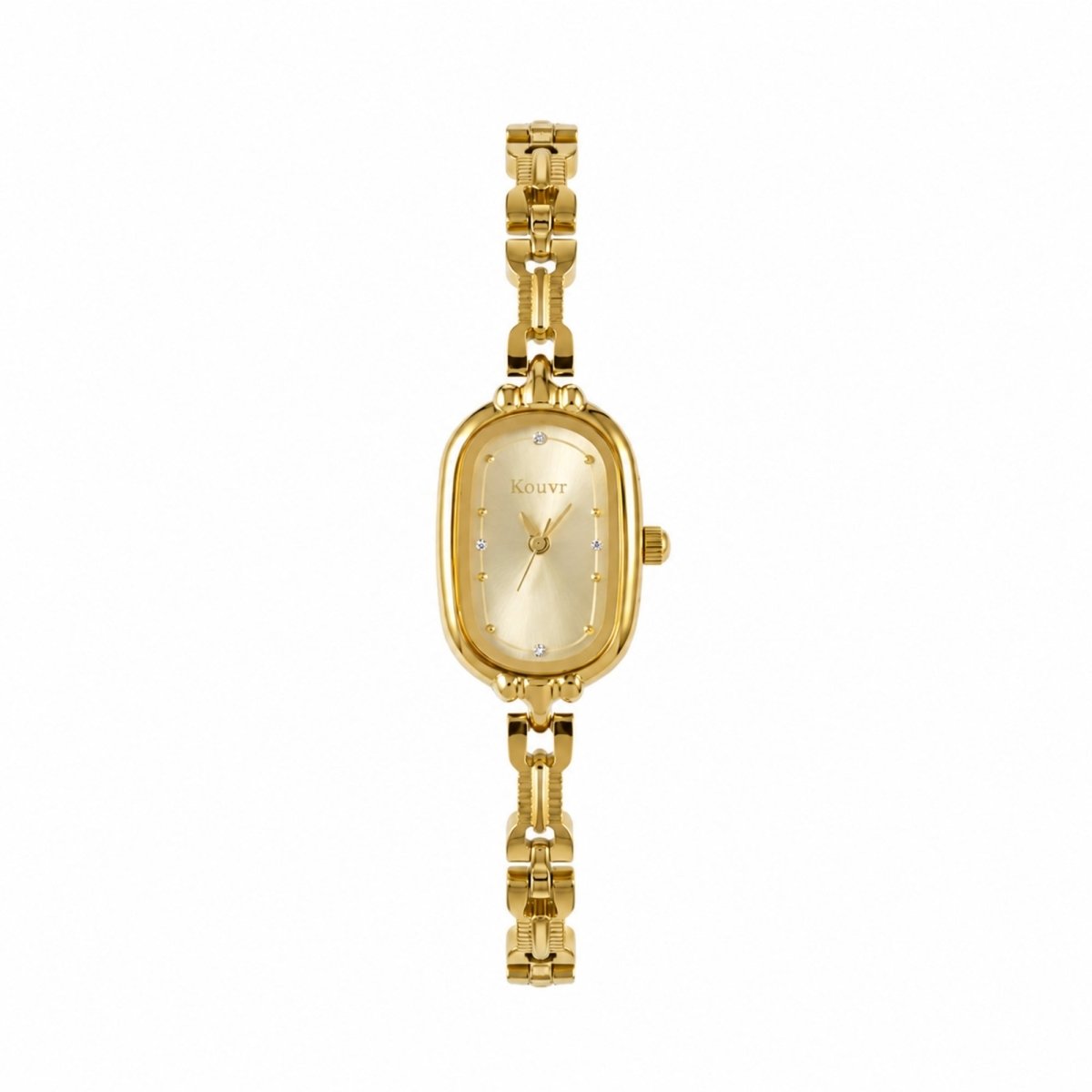 Front view of the Kouvr women's gold oval watch featuring crystal indices, a sunray dial, and an intricately linked bracelet on a pure white background.