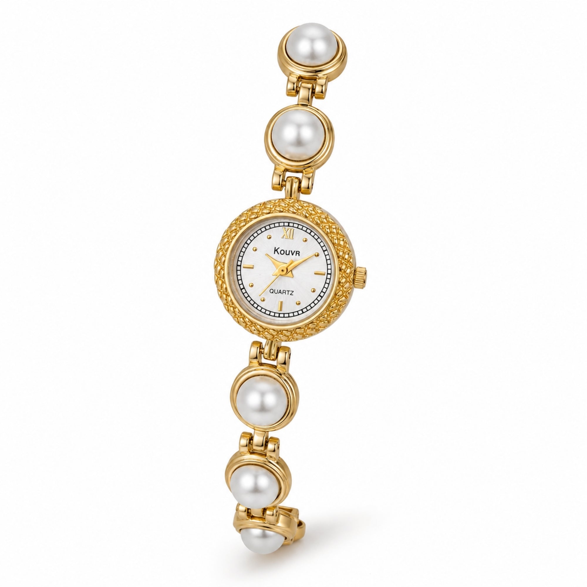 Angled profile view of the Kouvr gold pearl jewelry watch showcasing the scratch resistant crystal glass and polished stainless steel case.