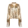 Kouvr Lumière gold sequin fringe jacket for women | Western tinsel statement jacket for festival and concert outfits