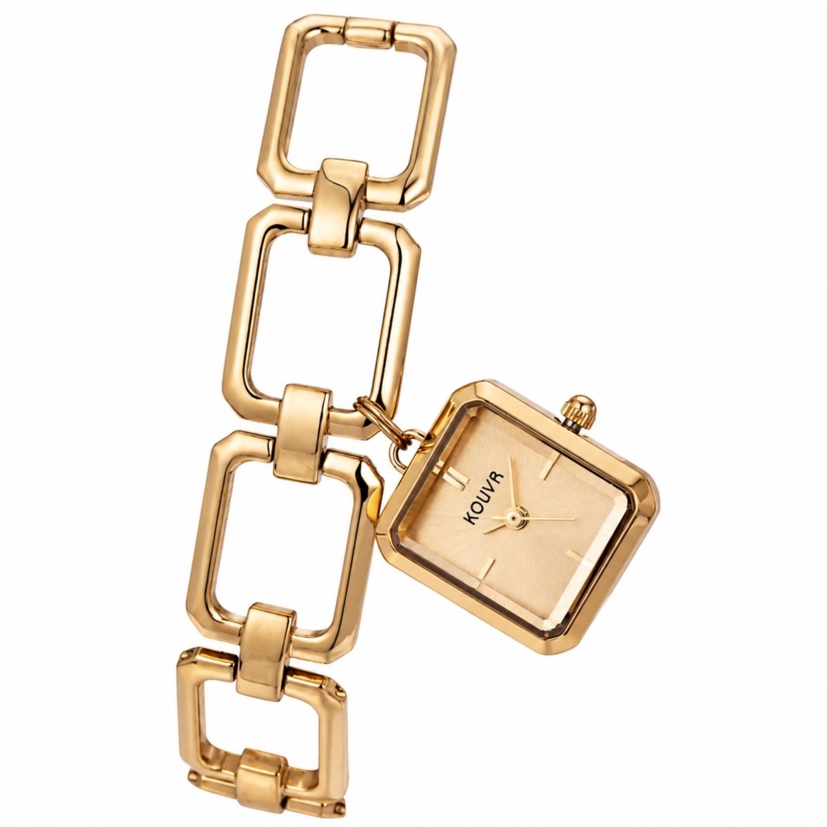 Angled studio close-up of the Kouvr gold ladies watch highlighting the high-shine finish of the stainless steel case and unique geometric chain links.