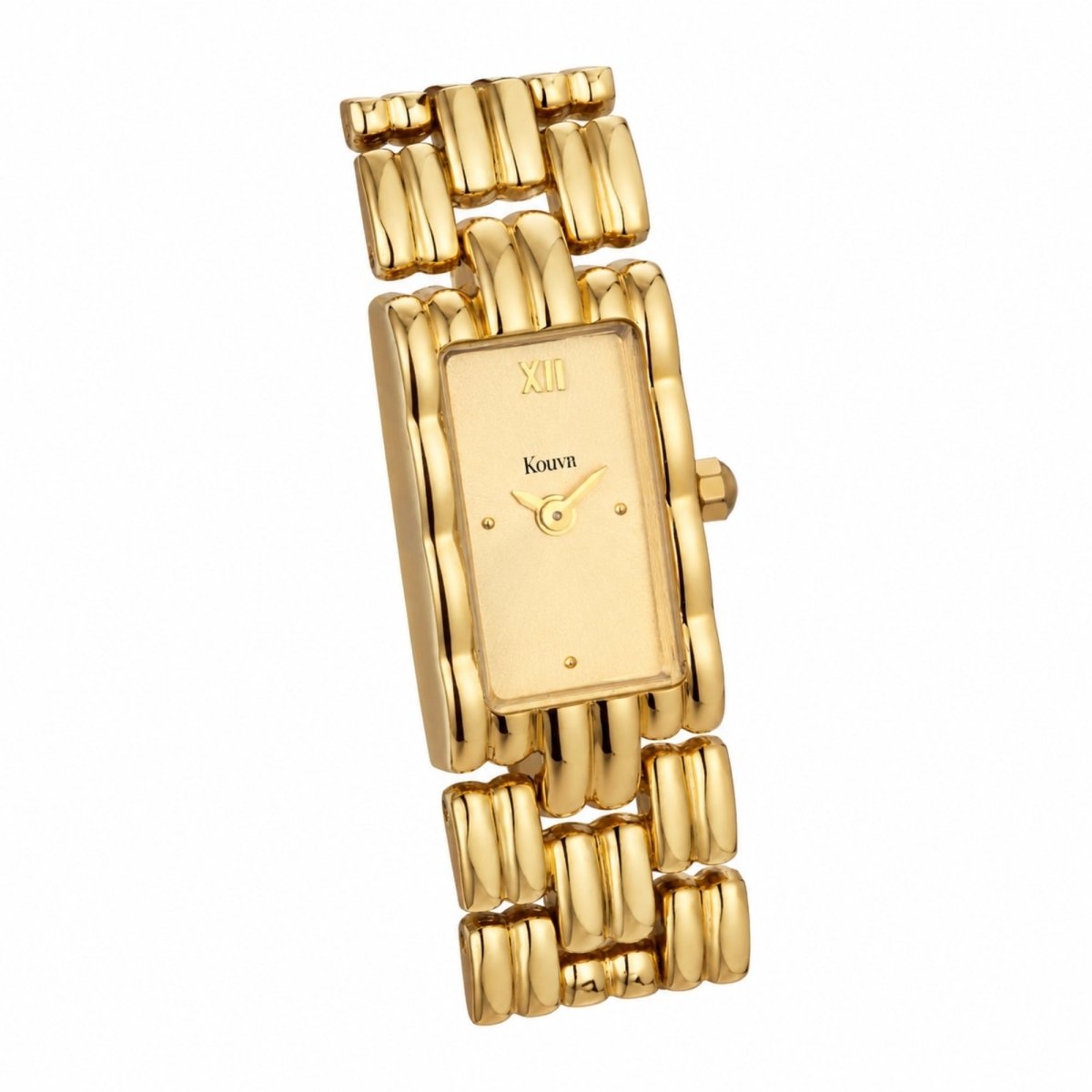 Angled view of an elegant women's gold dress watch highlighting the curved rectangular casing and interlocking polished gold links.