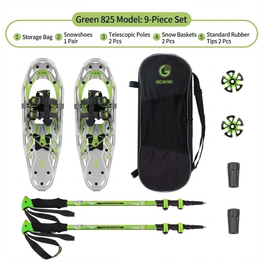 Green 825 model 9-piece trail kit featuring snowshoes, green telescopic poles, and snow baskets.