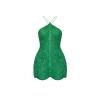 Flat lay front view of an emerald green hand-beaded halter mini dress, showcasing the intricate beadwork and silhouette.