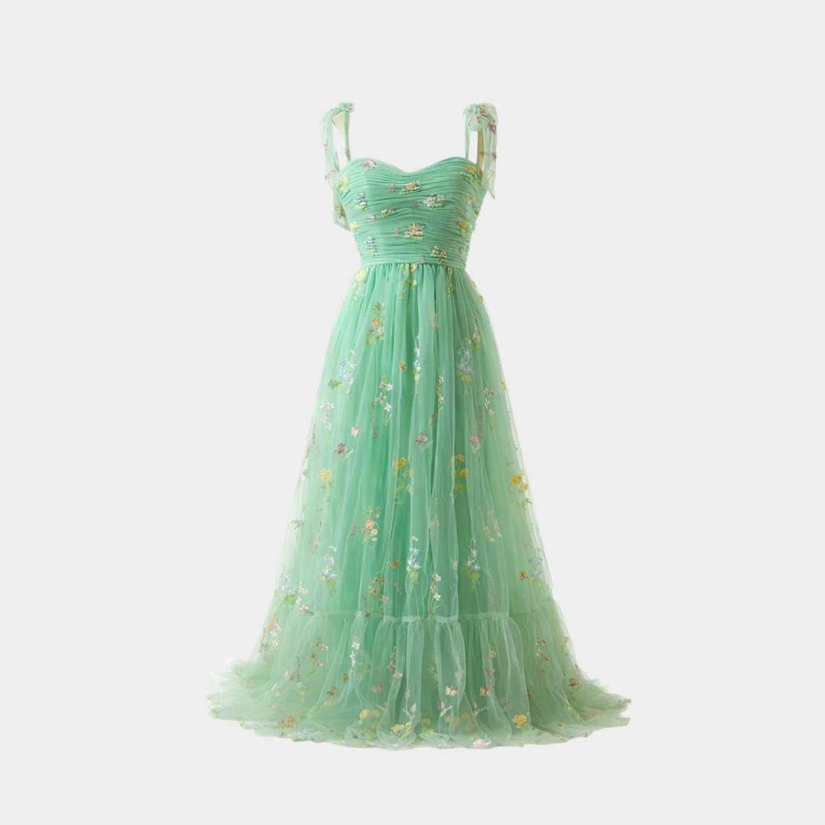 Ghost mannequin front view of Kouvr green floral tulle tiered maxi dress