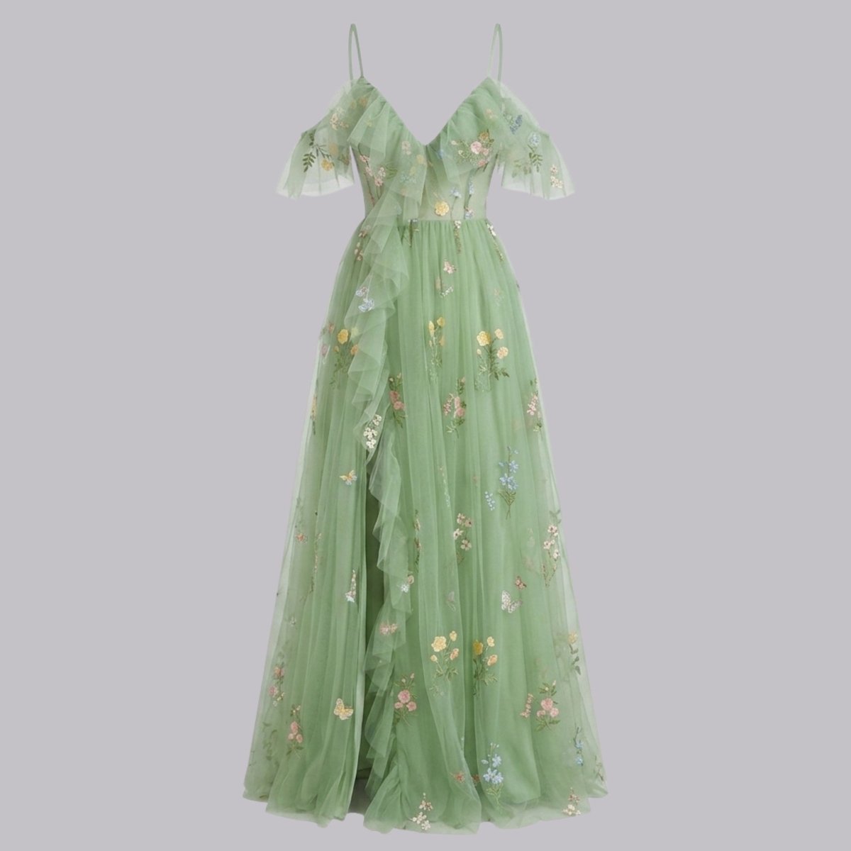 Ghost mannequin front view of green floral embroidered tulle maxi dress emphasizing the sweetheart neckline, draped sleeves, and A-line skirt.
