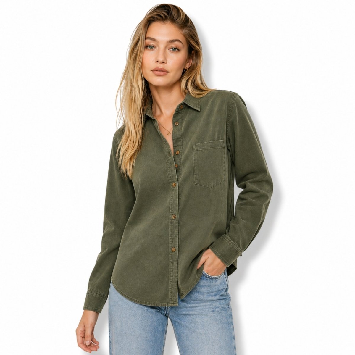 Woman wearing a premium green long sleeve button down shirt by Kouvr front view