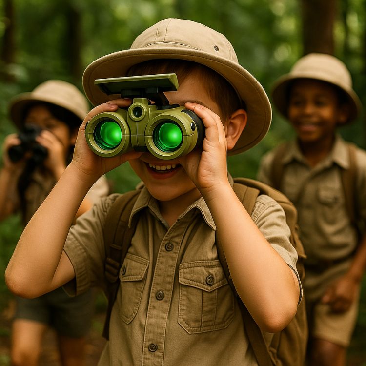 Green toy binoculars with pop-up night vision light deployed, featuring an example view of a deer in the dark using the green-tinted lenses.
