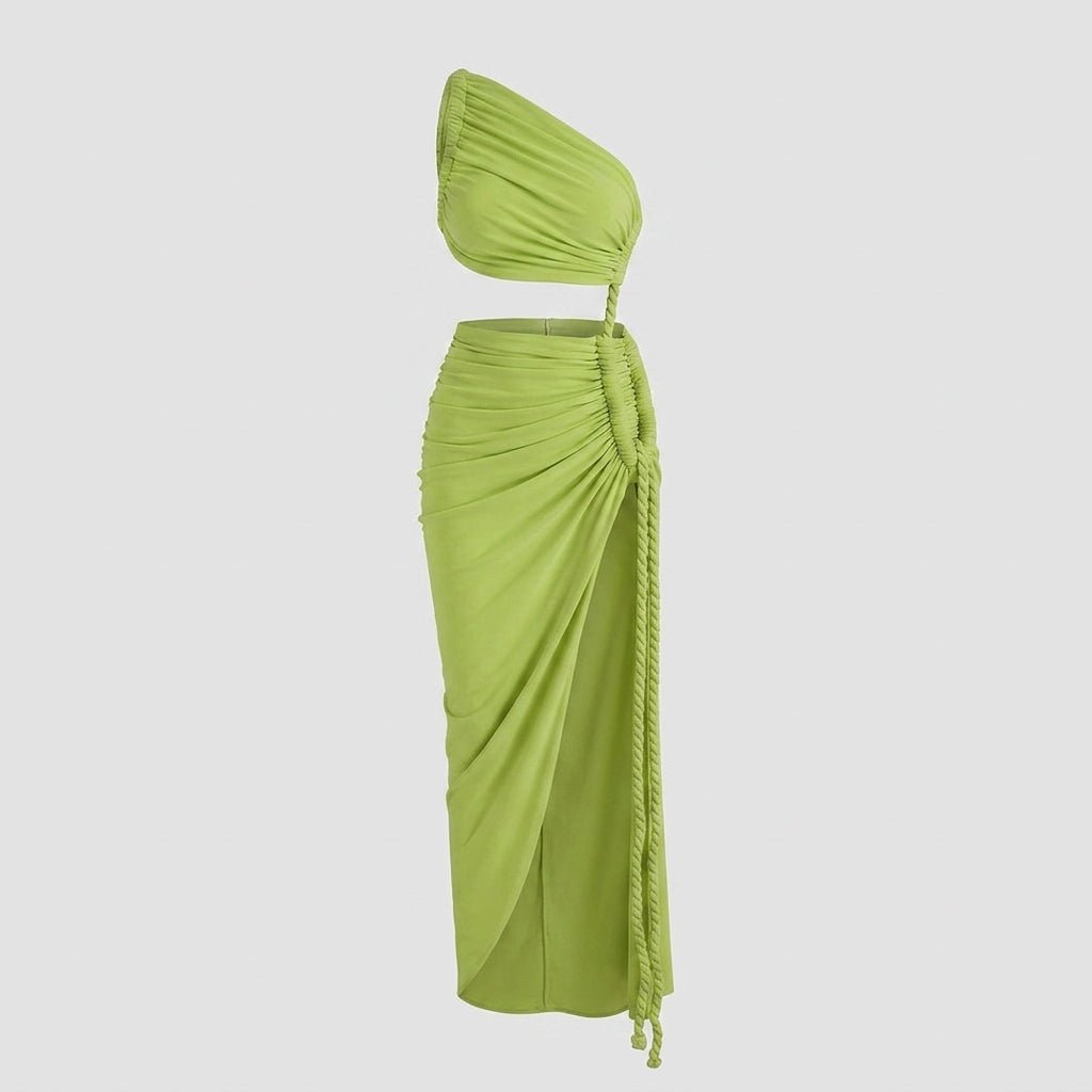 Front view of Kouvr green asymmetric ruched cutout maxi dress on invisible mannequin