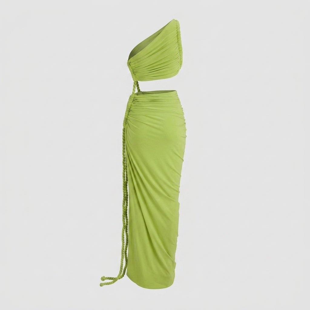 Side angle of Kouvr lime green cutout maxi dress showing high slit and hanging rope fringe on invisible mannequin