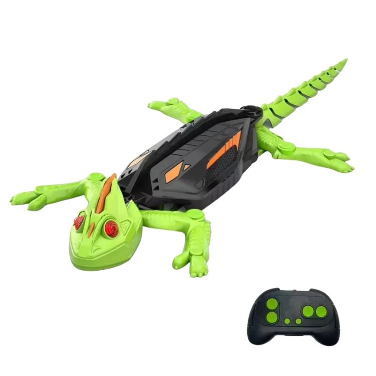 Product shot of a green remote control wall climbing gecko toy with red eyes, shown next to its black remote controller