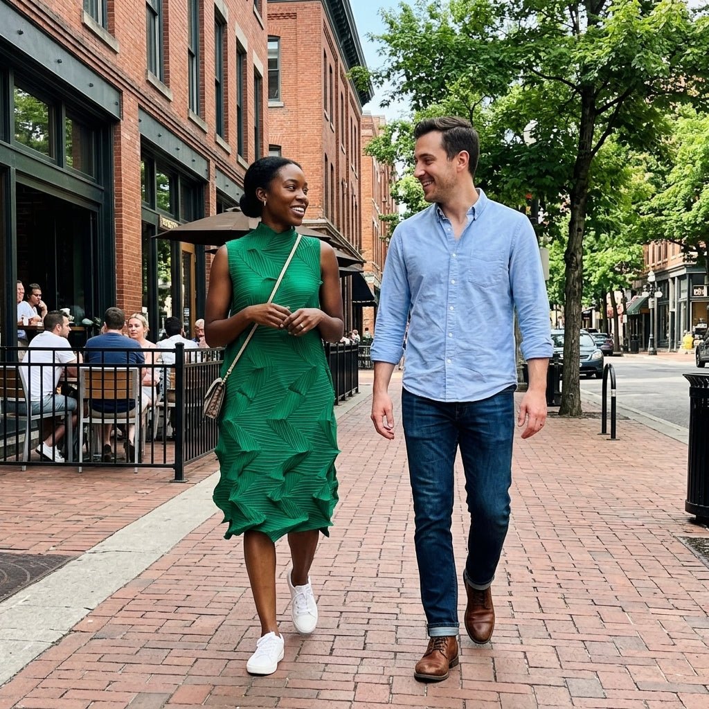 Elegant woman in an architectural green pleated dress paired with white sneakers walking down a sunny brick sidewalk with a man.
