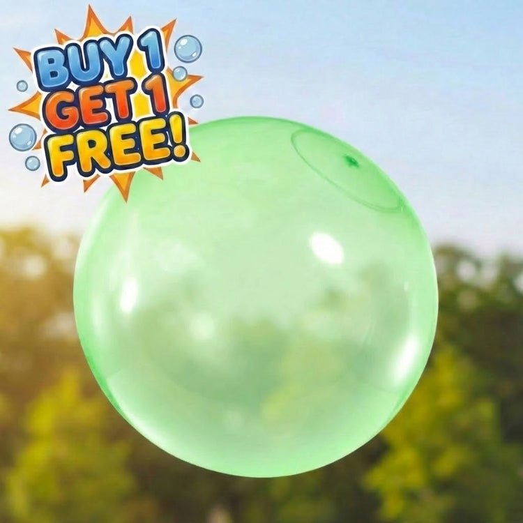 Green giant inflatable jelly ball floating outdoors; a durable and stretchable toy for children.