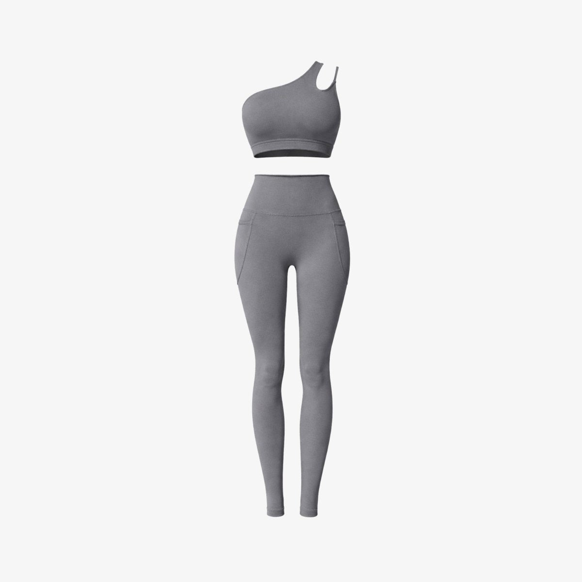 Front flatlay view of Kouvr grey asymmetrical sports bra and high waisted slip pocket leggings matching athleisure set against a white background.
