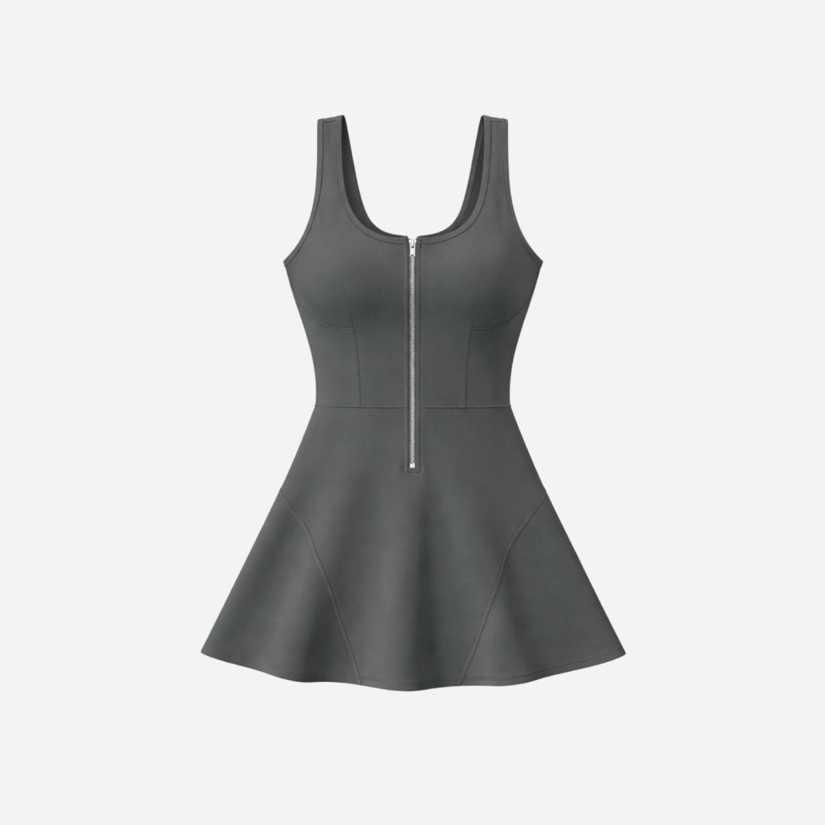 Studio product shot of a grey sleeveless athletic skater dress with silver front zipper