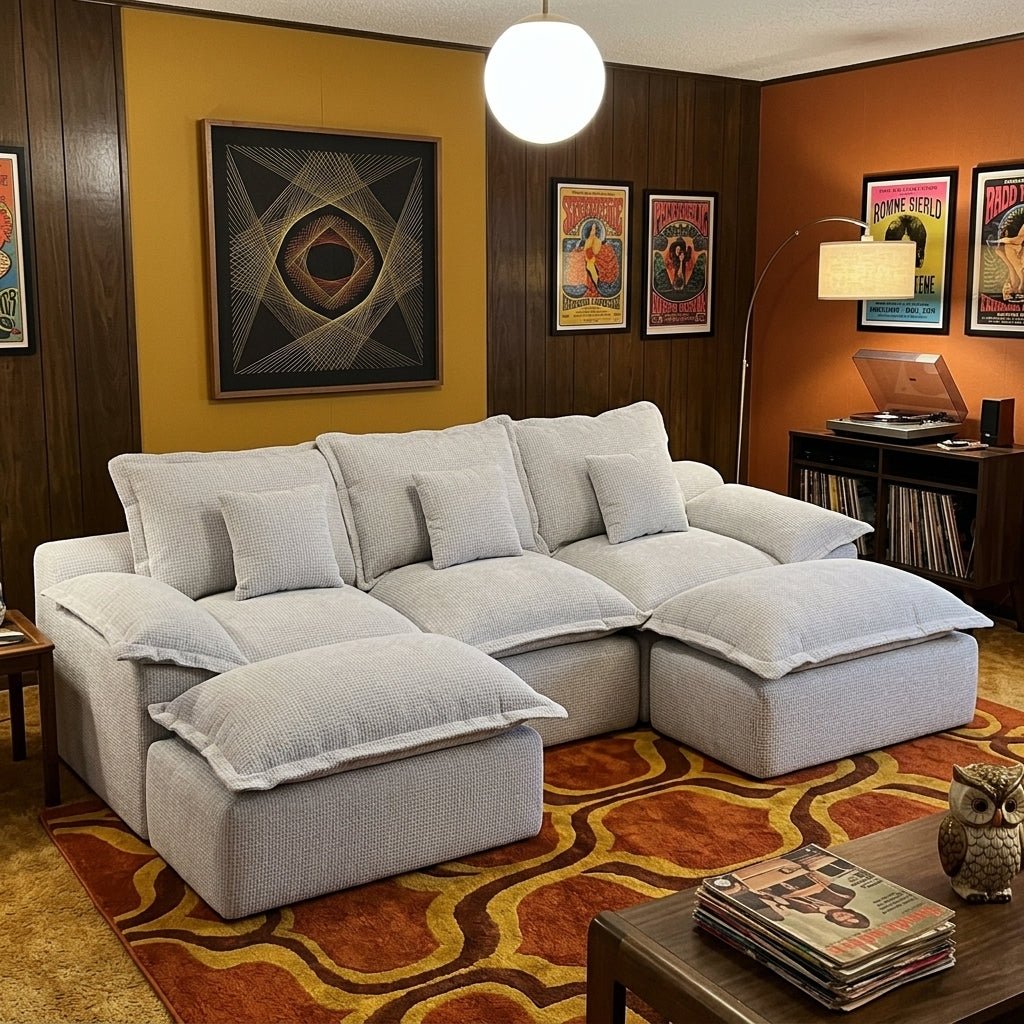 Cozy night setting featuring a grey cloud-style sectional sofa under warm floor lamp lighting in a modern home.