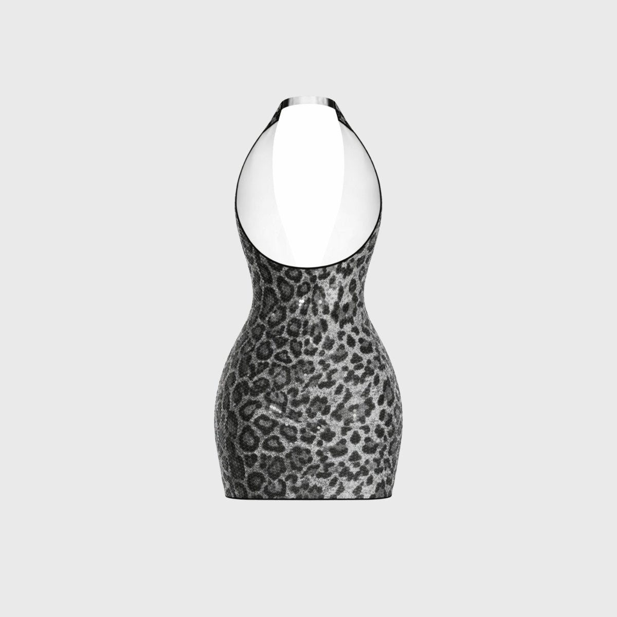 Flat lay back view of Kouvr backless halter neck silver animal print sequin evening dress.