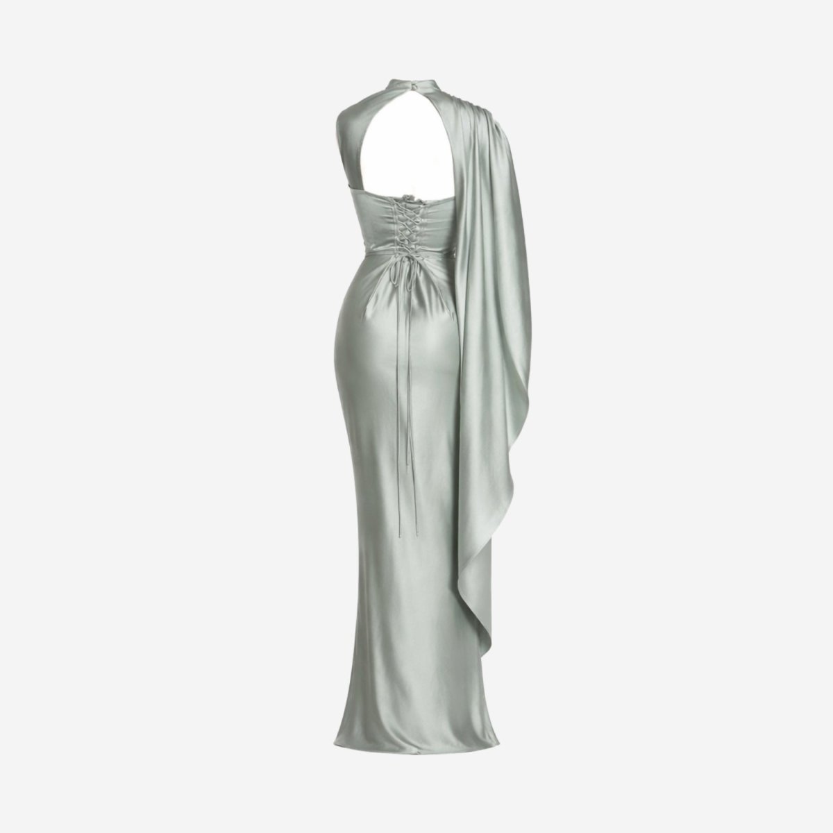 Ghost mannequin back view of the Kouvr sage green satin dress showing the intricate back lacing and fabric drape.