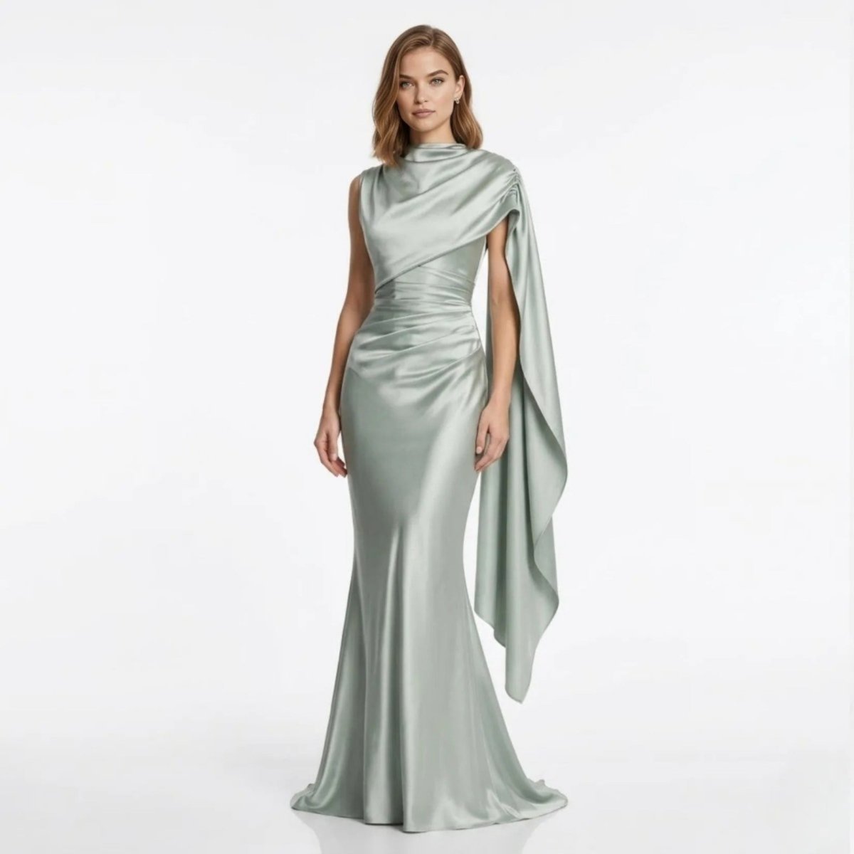  Front view of female model wearing the Kouvr grey satin draped cape bridesmaid dress featuring an elegant cowl neck and fitted silhouette.
 