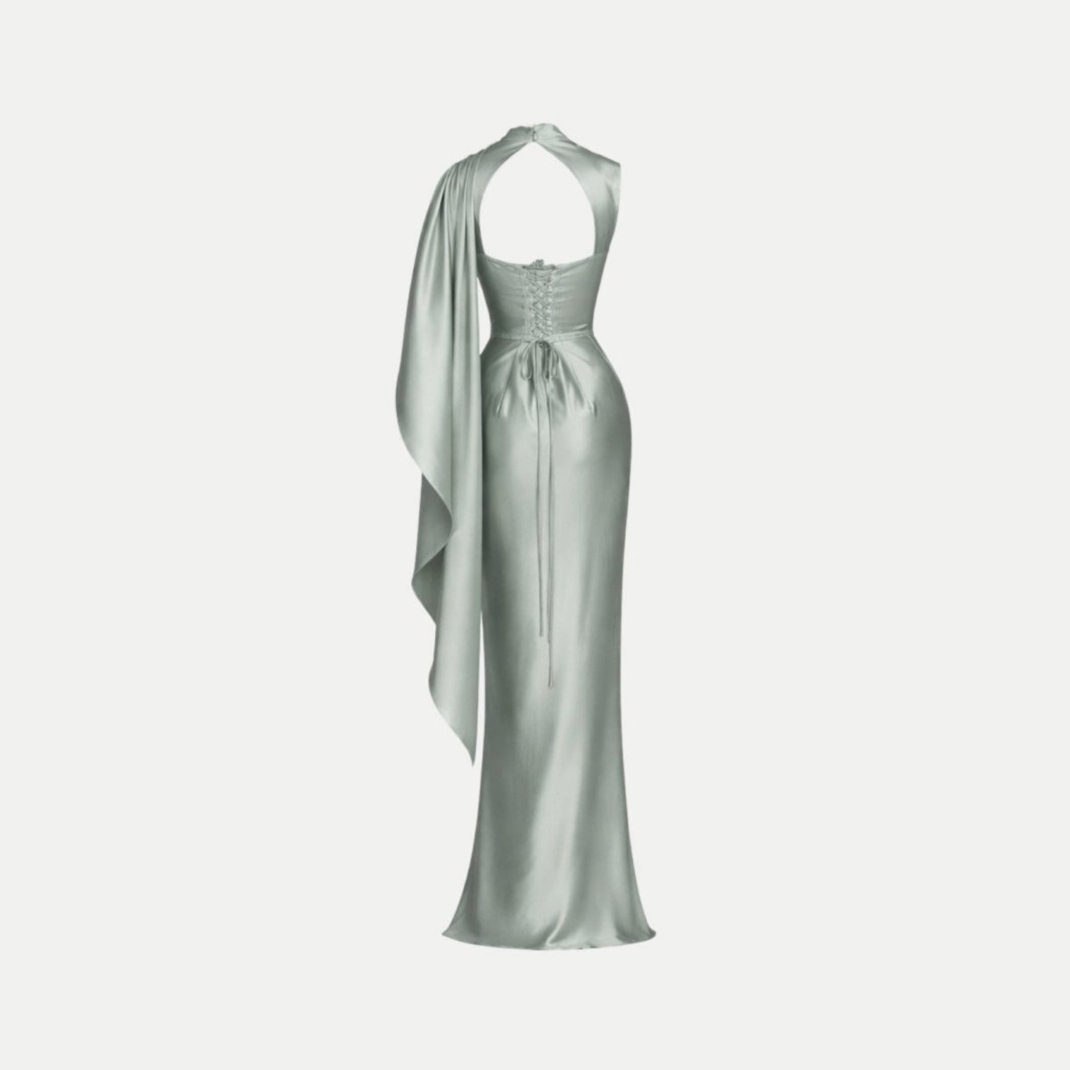 Ghost mannequin back view of the Kouvr grey satin evening dress highlighting the open back feature and sophisticated tie closure.