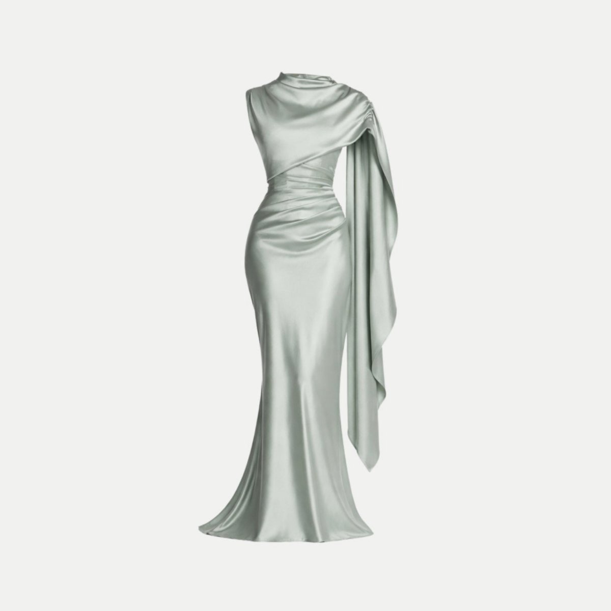 Ghost mannequin view of the Kouvr grey satin draped cape formal gown displaying the luxurious fabric sheen and asymmetric design.
