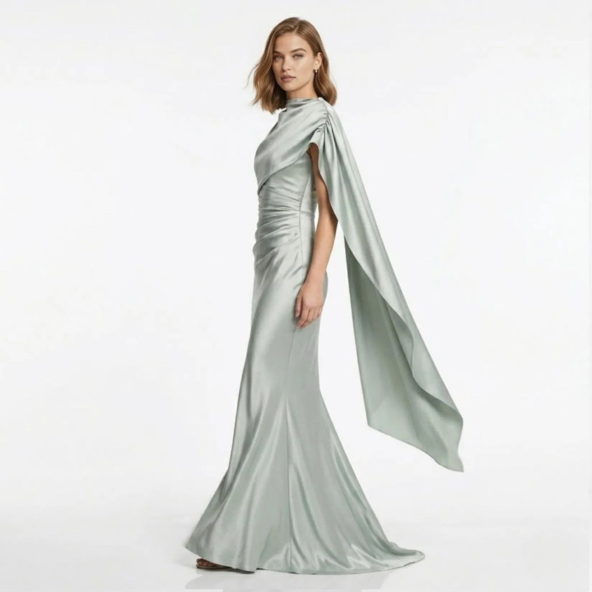 Side angle of female model wearing the Kouvr grey satin wedding guest dress showcasing the long dramatic one-shoulder cape.