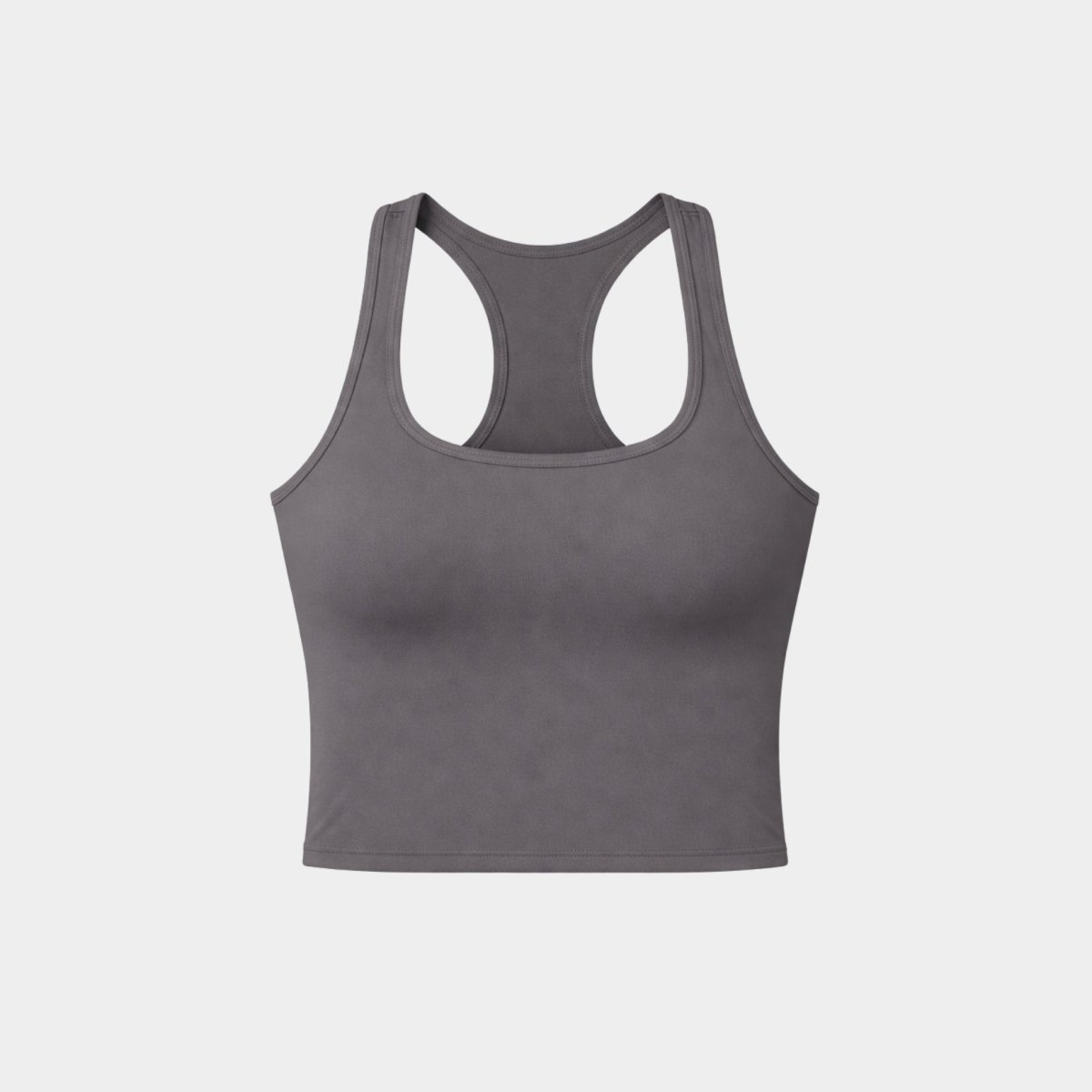 Flat lay front view of minimalist charcoal grey scoop neck sports bra.