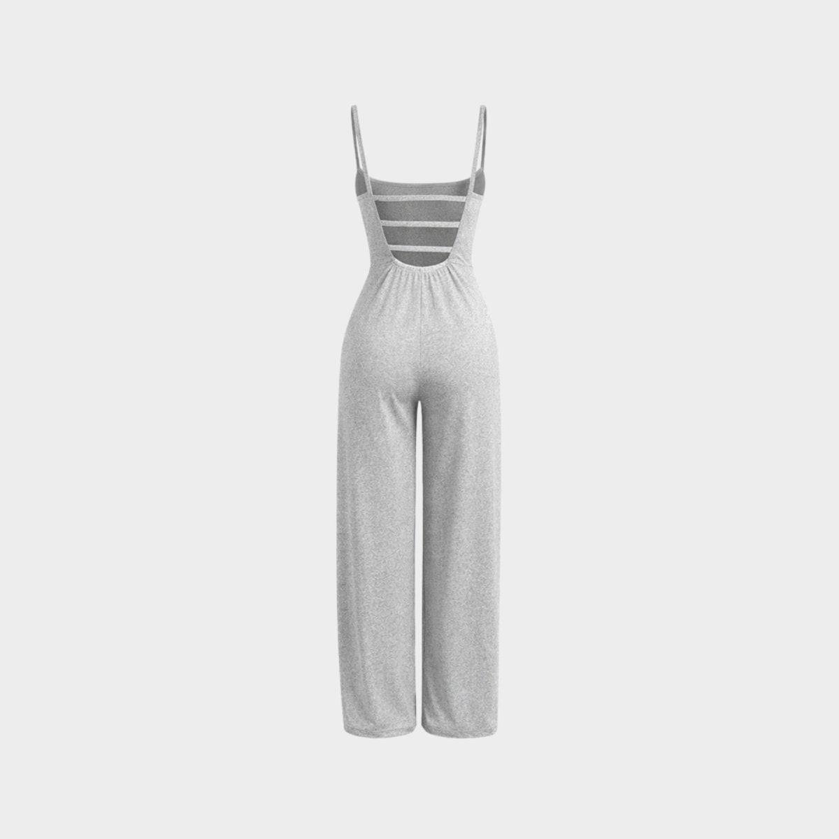 Flat lay back view of light grey wide leg jumpsuit showing open back multi-strap design