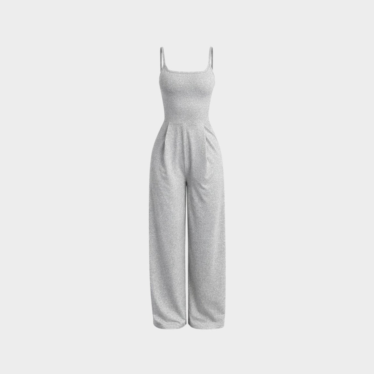 Flat lay front view of light grey wide leg sleeveless jumpsuit with tailored waist pleats