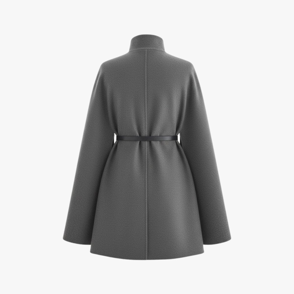 Detail shot of the back of the Kouvr Traci belted cape coat in structured grey wool-blend fabric.