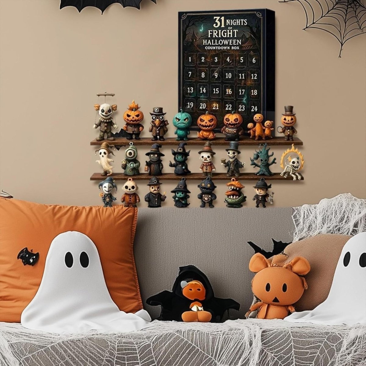 Halloween advent calendar with 31 collectible monster toys displayed on a shelf above a couch decorated for Halloween with ghost pillows.