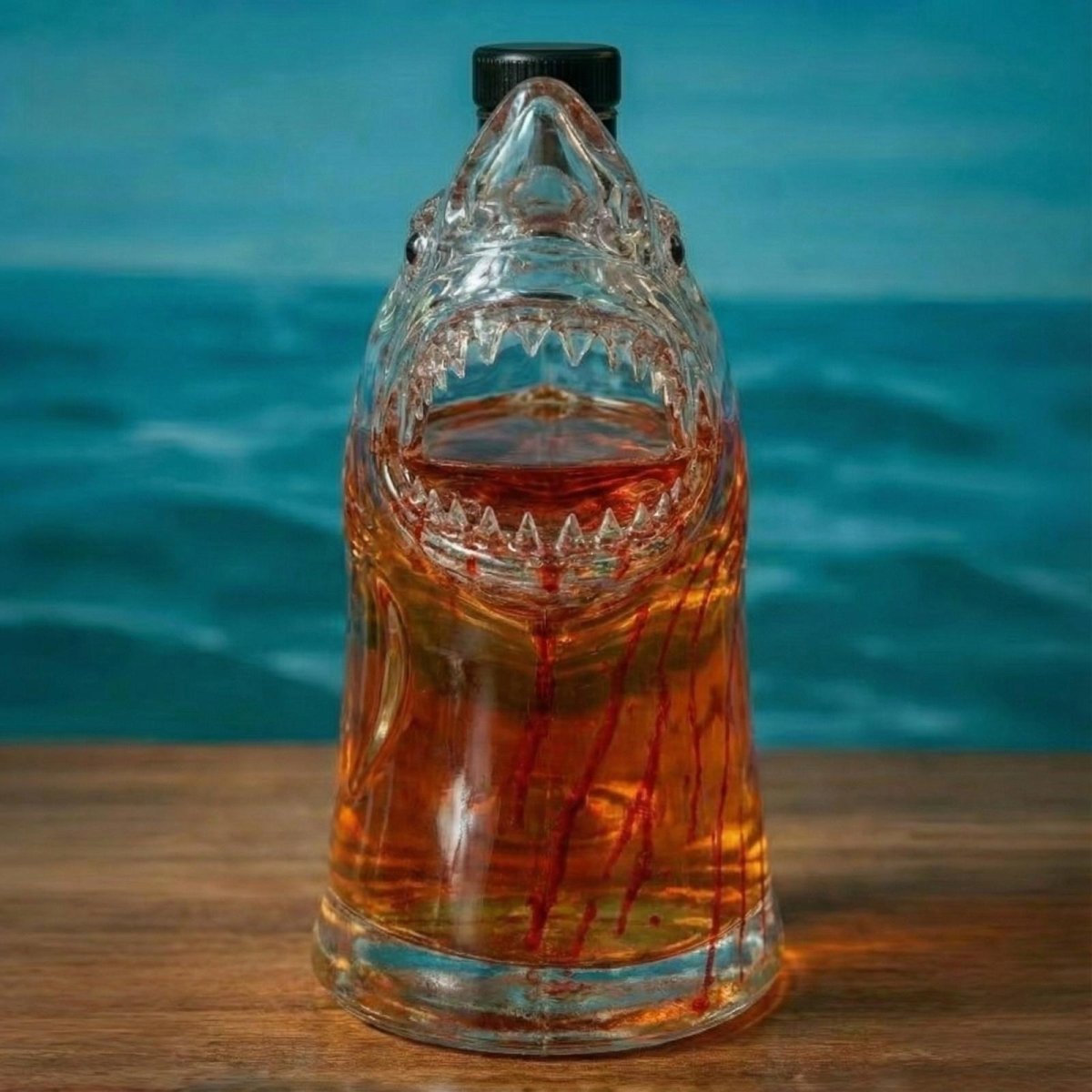 Front-facing view of a handcrafted glass shark liquor decanter showing its detailed teeth and red accents, presented as a unique gift for men.