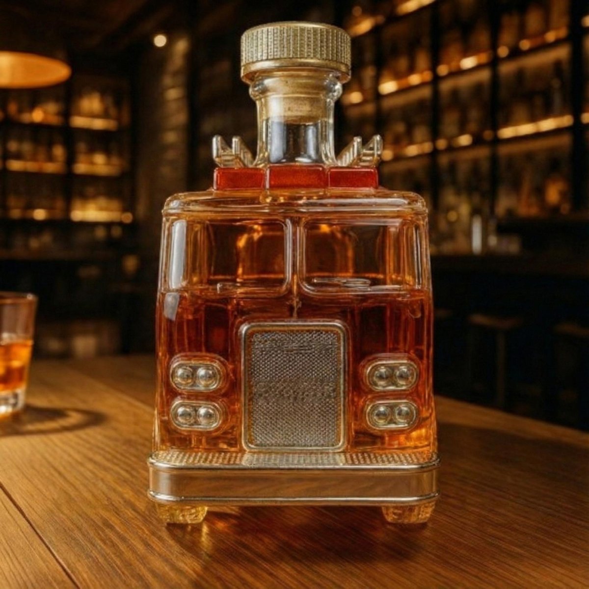 Front view of the intricate Kouvr fire engine liquor decanter, showing the detailed grill and headlights, perfect for a retirement gift.