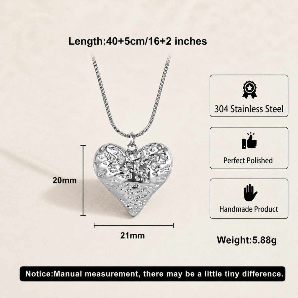 Jewelry specification infographic showing heart pendant dimensions of 20 millimeters by 21 millimeters on a 16 plus 2 inch chain weighing 5.88 grams